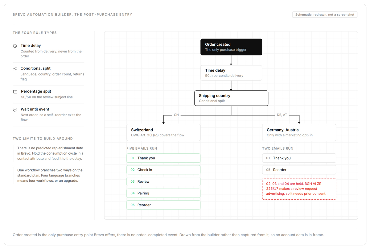 Der Brevo Automation Builder mit dem Trigger Order created und einer Verzweigung nach Lieferland